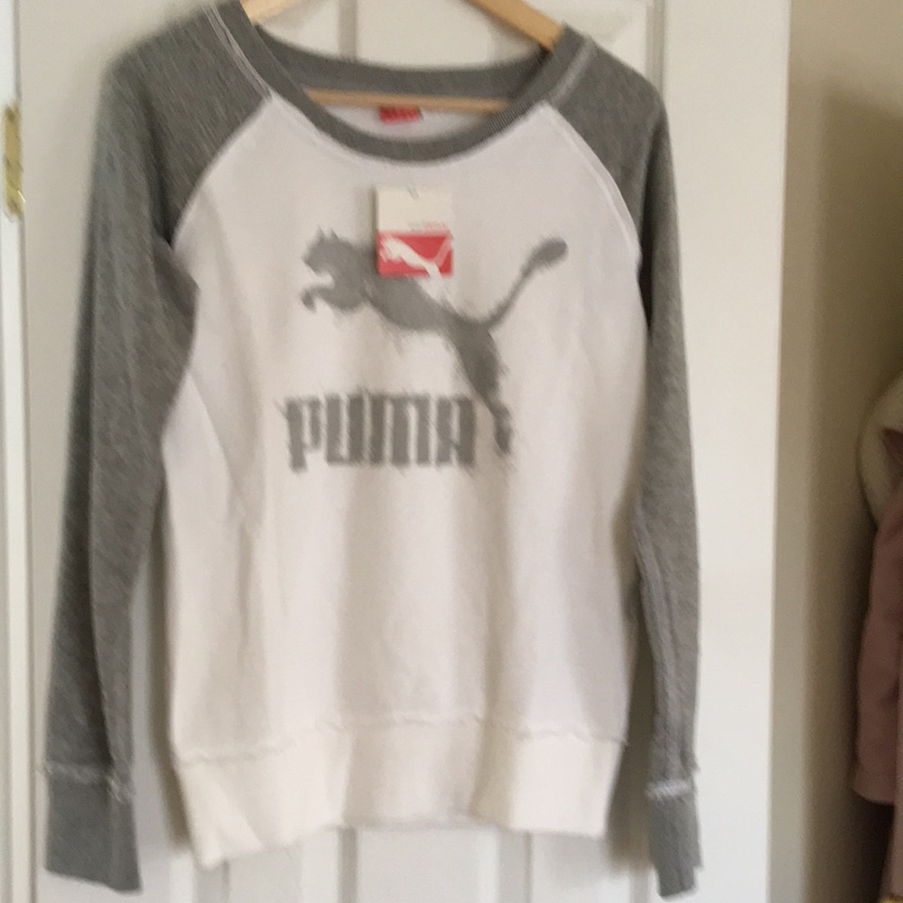 Puma White and Gray Raglan Logo Sweatshirt